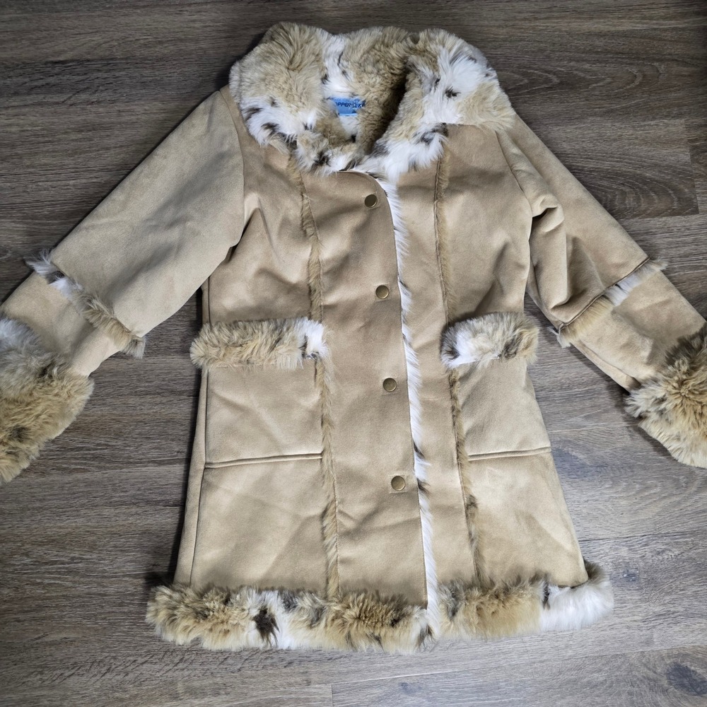 Copper Key Girls XL 14/16 Tan Faux Suede Fur Trim‎ Penny Lane Shearling Coat